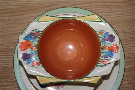 A Clarice Cliff crocus pattern part tea set and bowl
